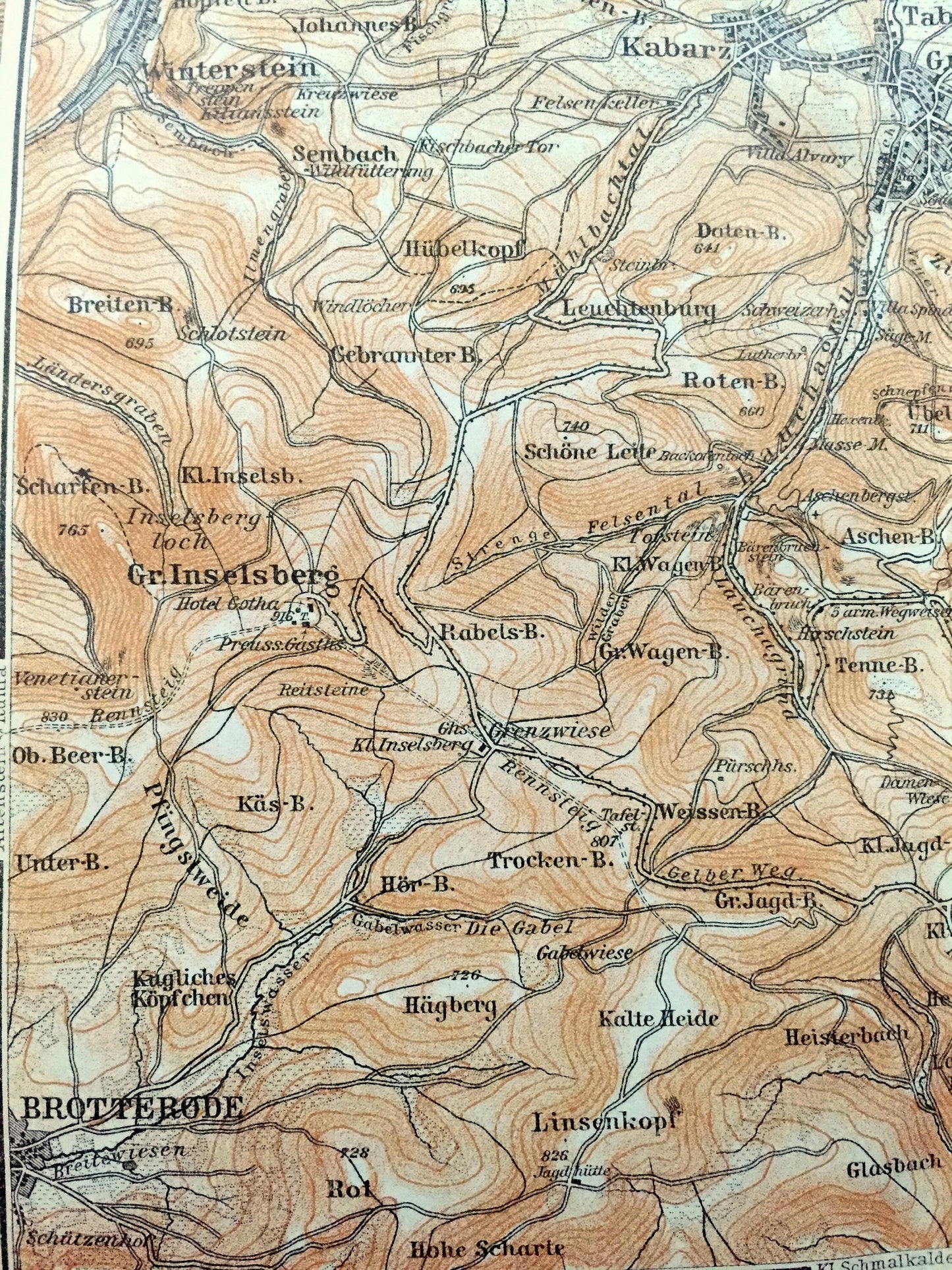 Antique 1925 Friedrichroda, Germany Map from Baedekers Guide Atlas – Winterstein, Brotterode, Finsterbergen, Rodichen, Tabarz, Kabarz, Rot