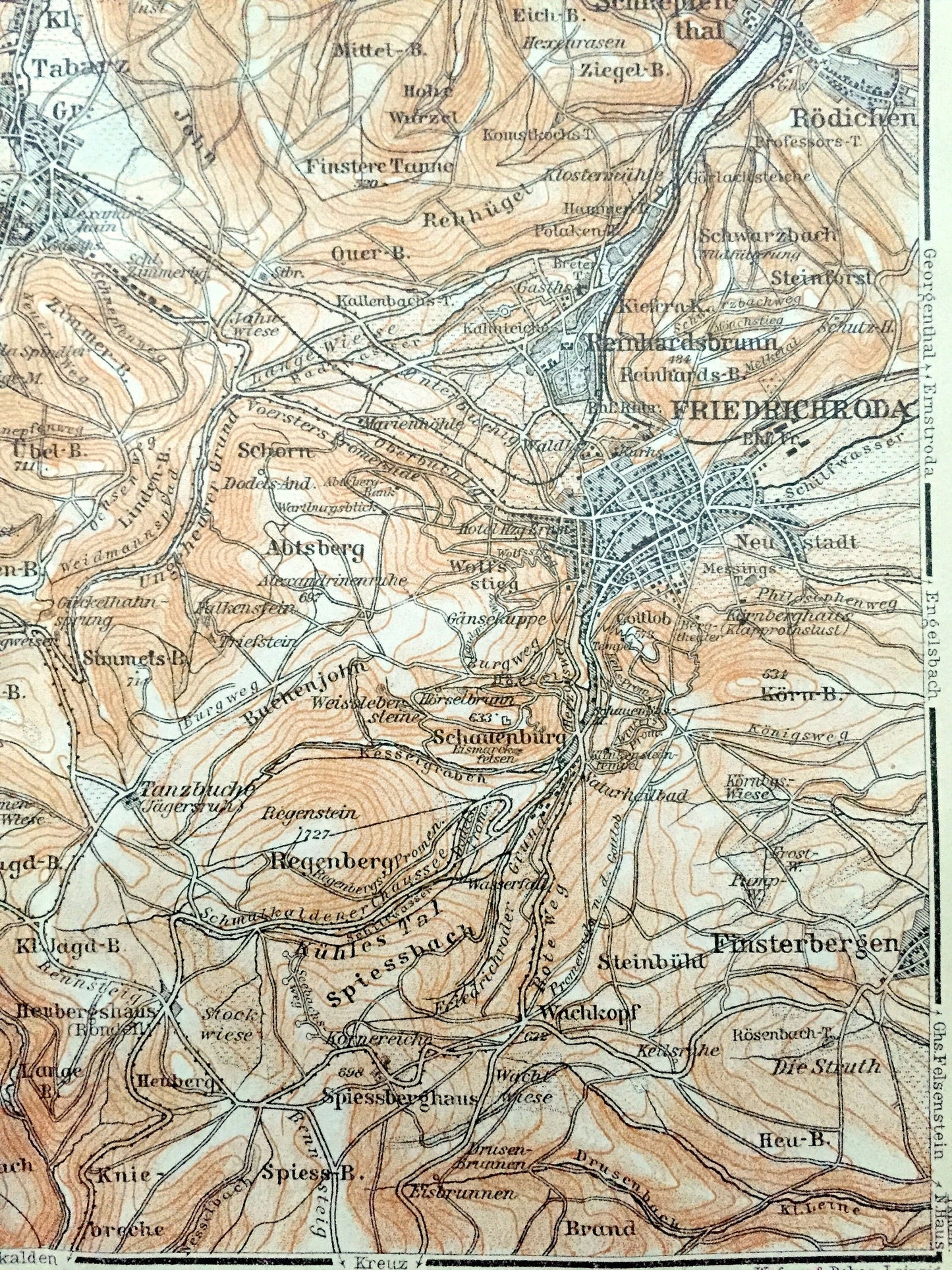 Antique 1925 Friedrichroda, Germany Map from Baedekers Guide Atlas – Winterstein, Brotterode, Finsterbergen, Rodichen, Tabarz, Kabarz, Rot