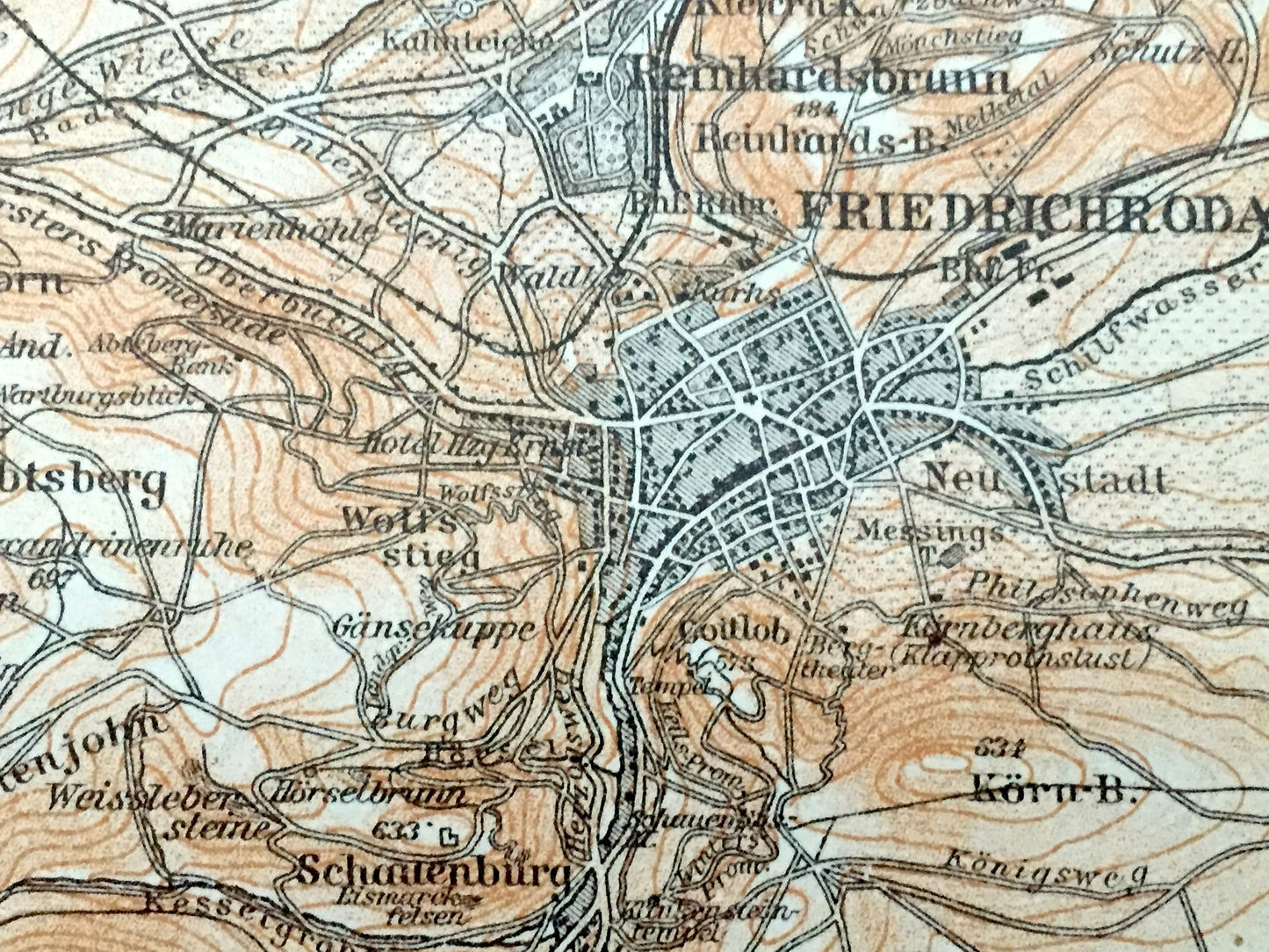 Antique 1925 Friedrichroda, Germany Map from Baedekers Guide Atlas – Winterstein, Brotterode, Finsterbergen, Rodichen, Tabarz, Kabarz, Rot