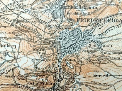 Antique 1925 Friedrichroda, Germany Map from Baedekers Guide Atlas – Winterstein, Brotterode, Finsterbergen, Rodichen, Tabarz, Kabarz, Rot