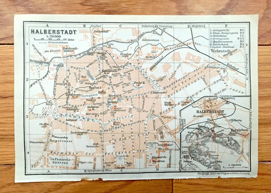Antique 1925 Halberstadt, Germany Map from Baedekers Guide Atlas – Harsleban, Wehrstedt, Saxony-Anhalt, Harz,  Holtemme, Goldbach rivers