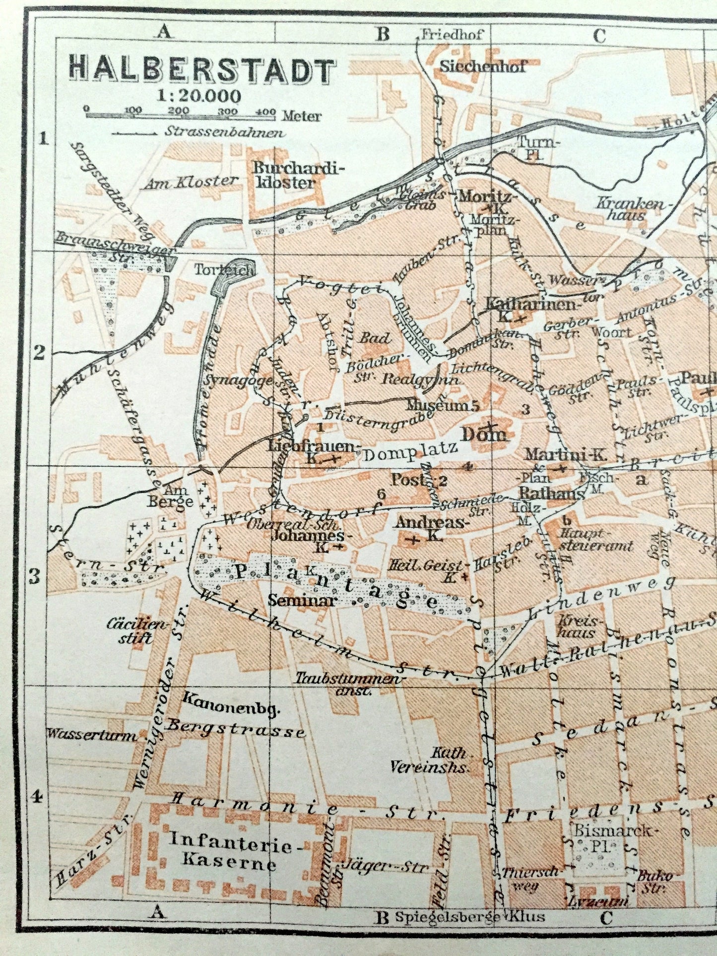Antique 1925 Halberstadt, Germany Map from Baedekers Guide Atlas – Harsleban, Wehrstedt, Saxony-Anhalt, Harz,  Holtemme, Goldbach rivers