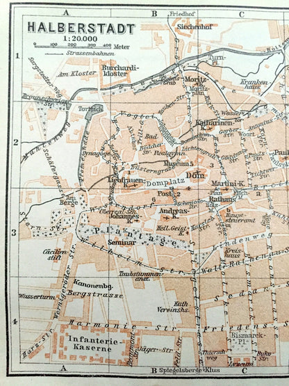 Antique 1925 Halberstadt, Germany Map from Baedekers Guide Atlas – Harsleban, Wehrstedt, Saxony-Anhalt, Harz,  Holtemme, Goldbach rivers