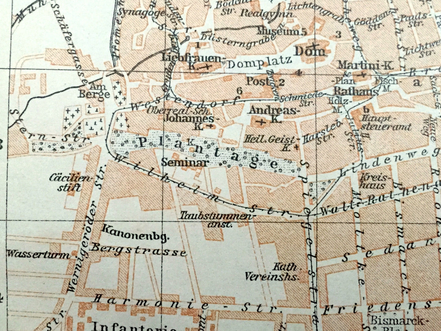 Antique 1925 Halberstadt, Germany Map from Baedekers Guide Atlas – Harsleban, Wehrstedt, Saxony-Anhalt, Harz,  Holtemme, Goldbach rivers