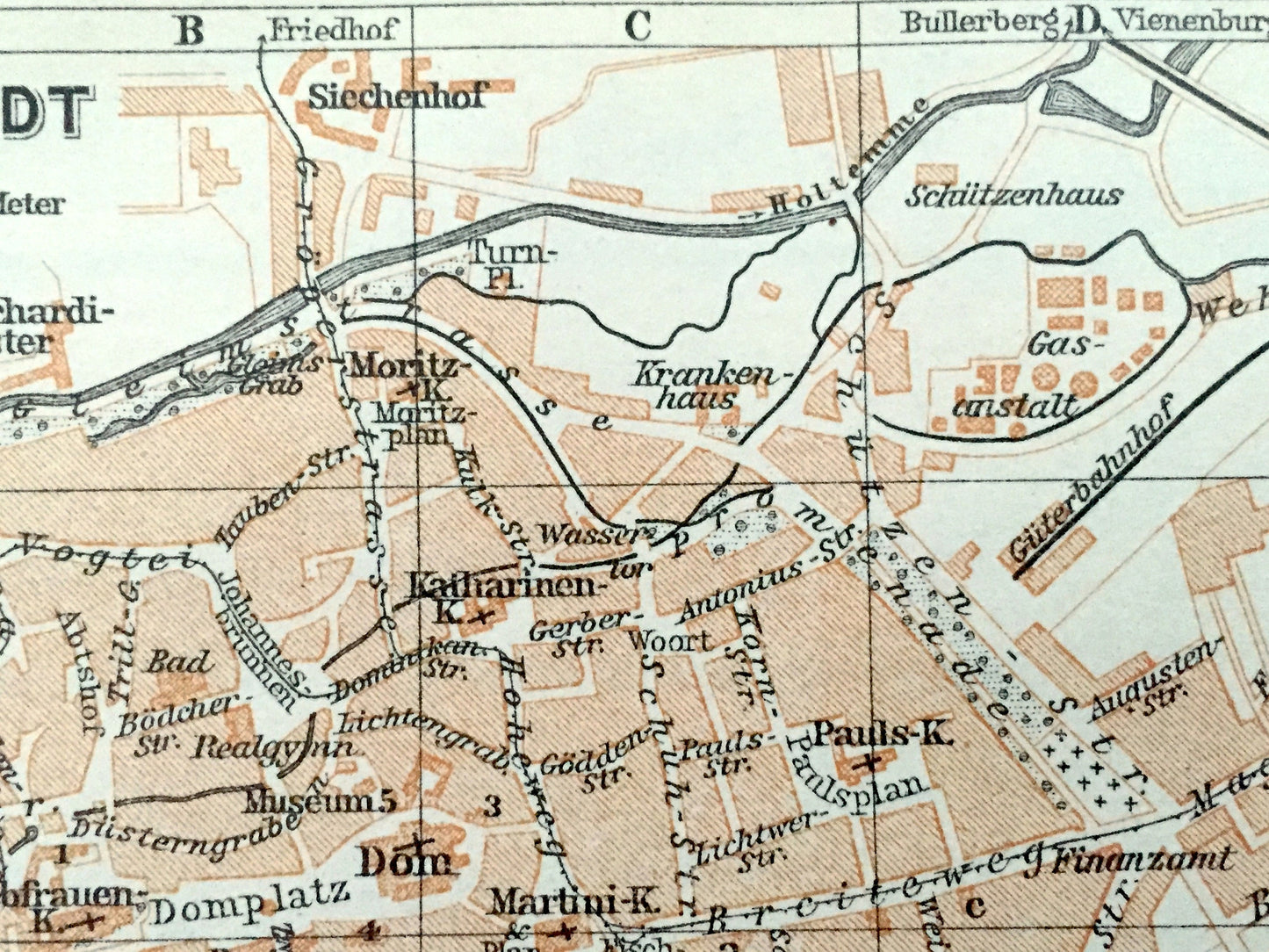 Antique 1925 Halberstadt, Germany Map from Baedekers Guide Atlas – Harsleban, Wehrstedt, Saxony-Anhalt, Harz,  Holtemme, Goldbach rivers
