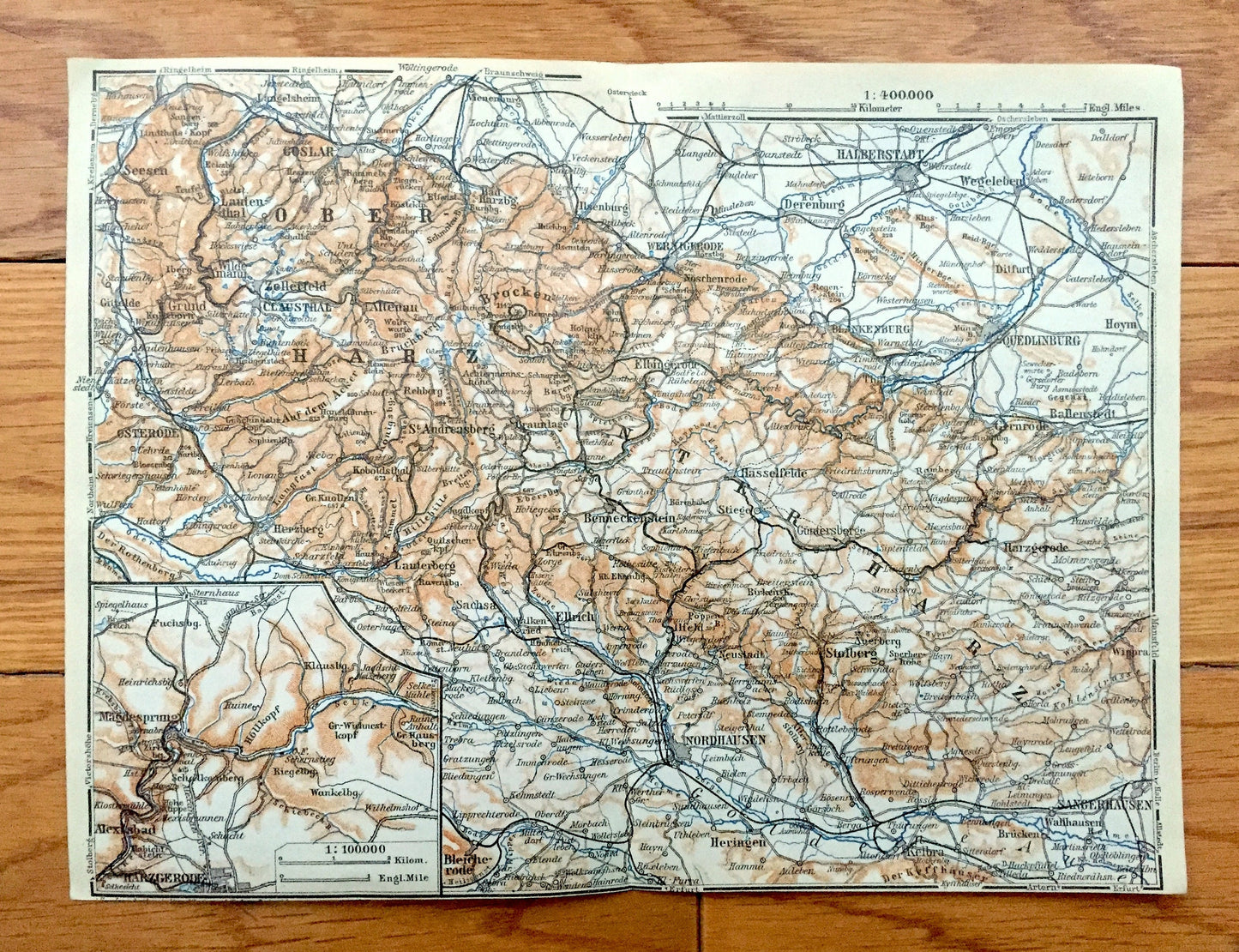 Antique 1925 Nordhausen, Germany Map from Baedekers Guide Atlas – Goslar, Heringen, Ouedlinburg, Derenburg, Seesen, Magdesprung, Alexisbad