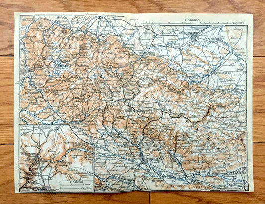 Antique 1925 Nordhausen, Germany Map from Baedekers Guide Atlas – Goslar, Heringen, Ouedlinburg, Derenburg, Seesen, Magdesprung, Alexisbad