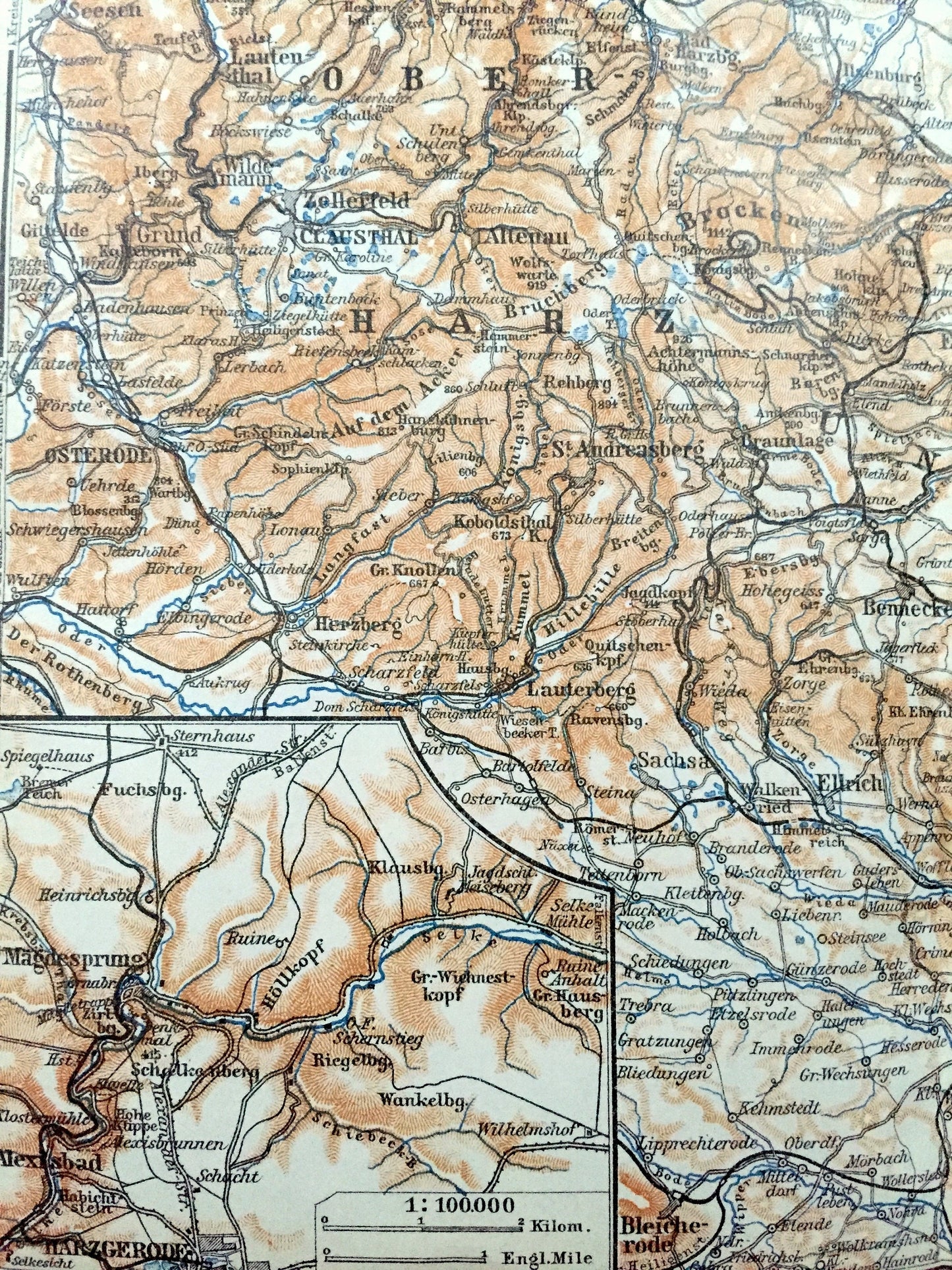 Antique 1925 Nordhausen, Germany Map from Baedekers Guide Atlas – Goslar, Heringen, Ouedlinburg, Derenburg, Seesen, Magdesprung, Alexisbad