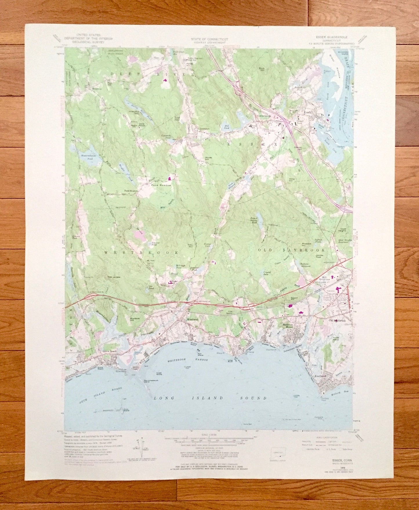 Antique Essex, Connecticut 1958 US Geological Survey Topographic Map – Middlesex County, Deep RIver, Westbrook, Old Saybrook, Winthrop, CT