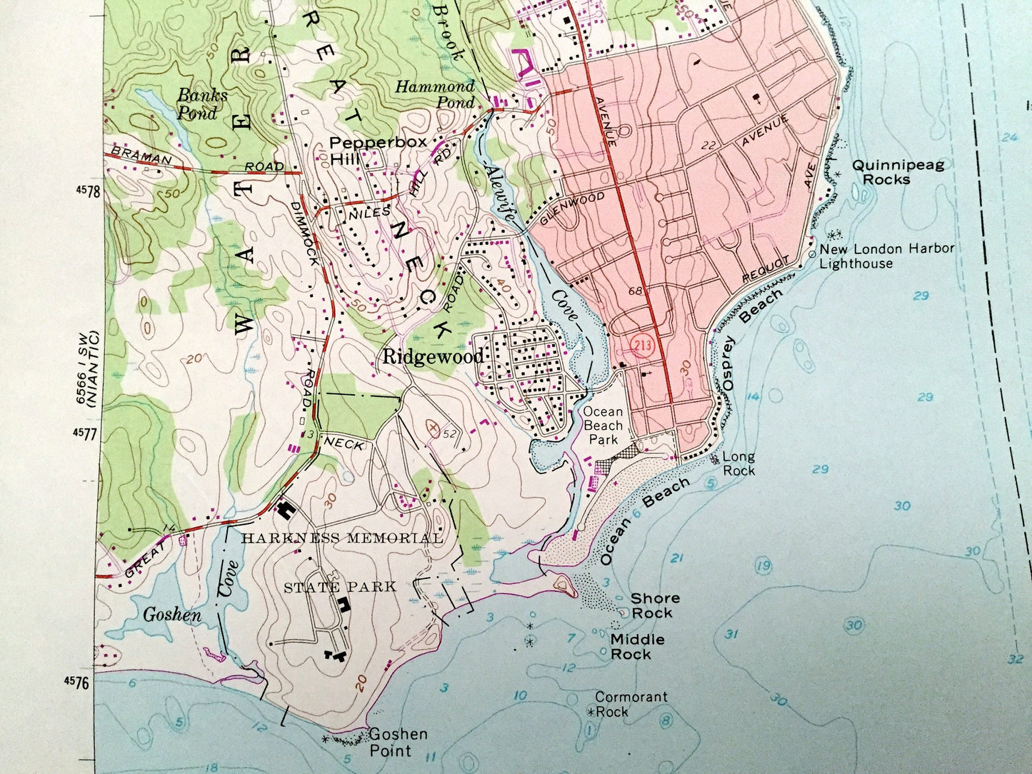 Antique New London, Connecticut 1958 US Geological Survey Topographic Map – New London County, Waterford, Groton, CT, Suffolk County, NY