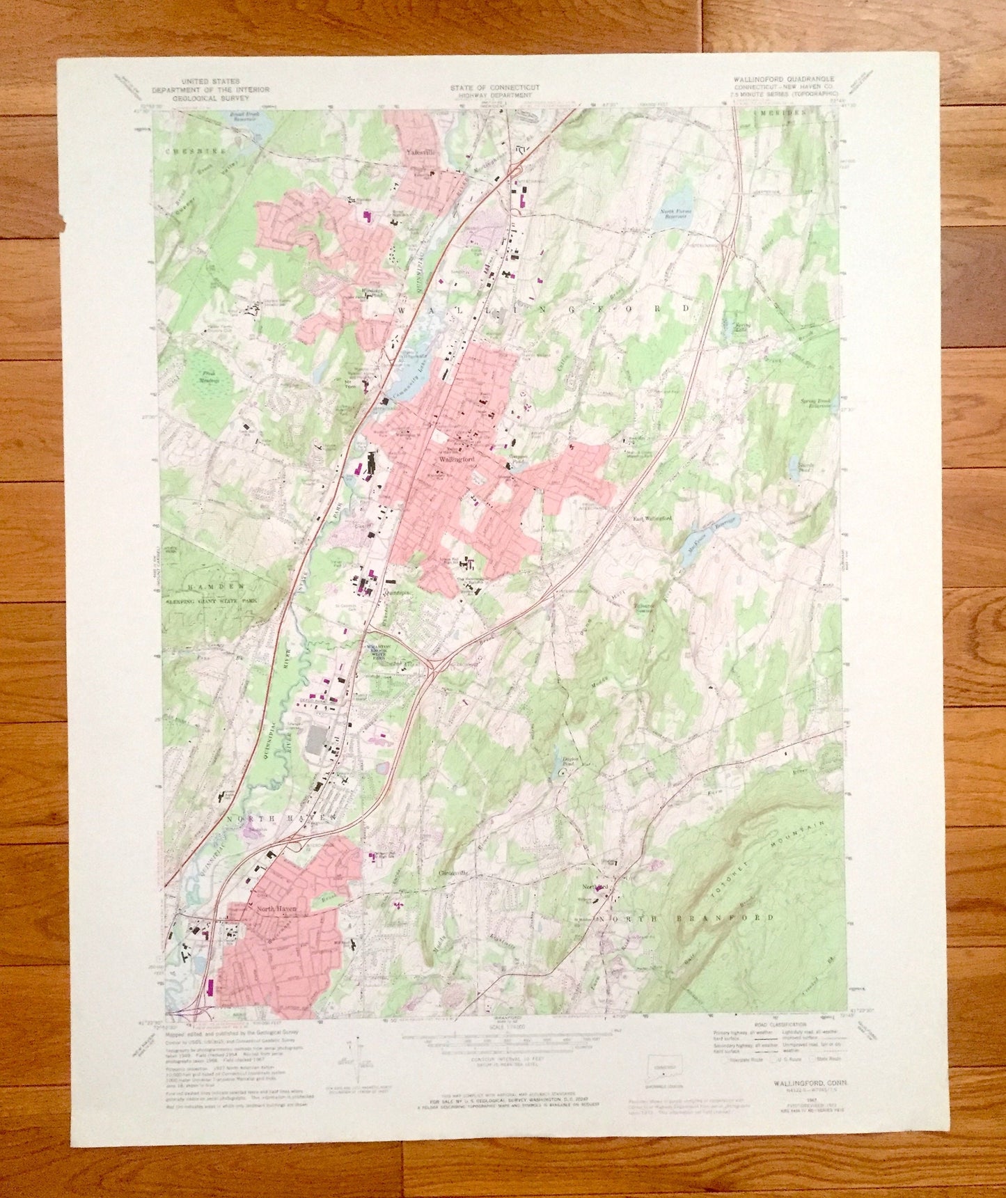 Antique Wallingford, Connecticut 1967 US Geological Survey Topographic Map – New Haven County, Yalesville, Cheshire, Meriden, North Haven CT
