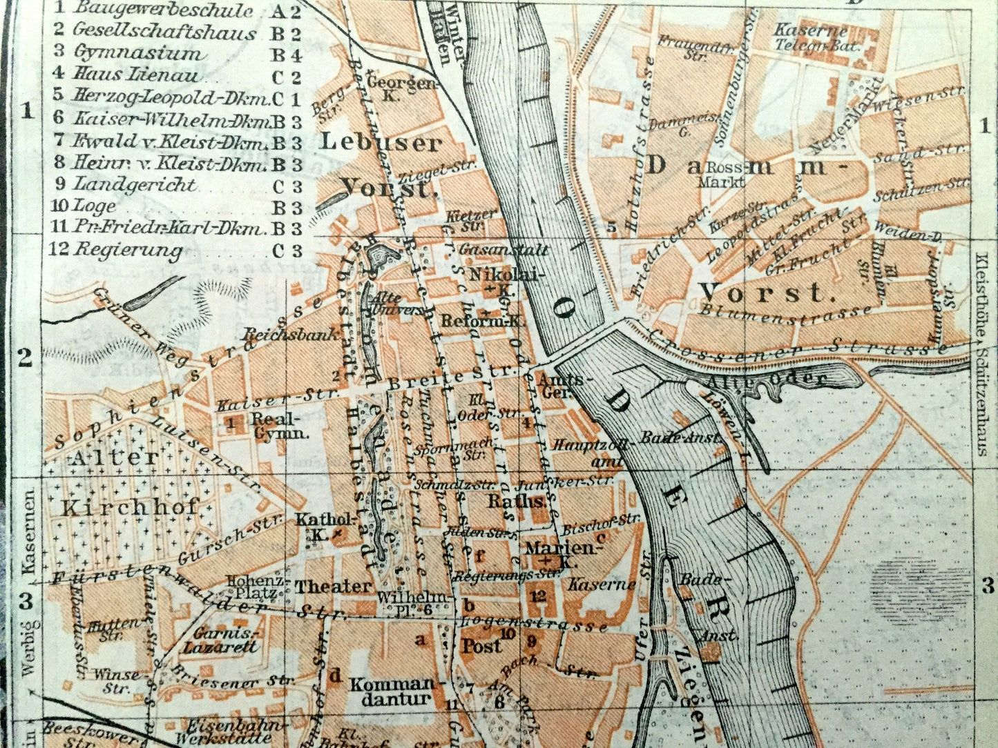 Antique 1925 Frankfurt, Germany & Liegnitz (Legnica), Poland Map from Baedekers Guide Atlas –  River Main, Hesse, Kaczawa River, Czarna Woda