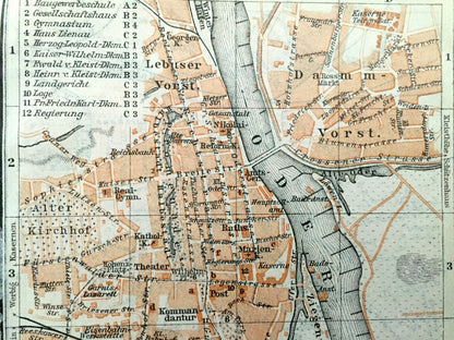 Antique 1925 Frankfurt, Germany & Liegnitz (Legnica), Poland Map from Baedekers Guide Atlas –  River Main, Hesse, Kaczawa River, Czarna Woda