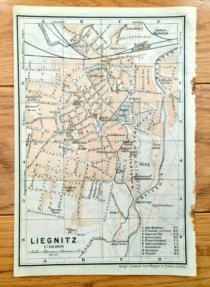 Antique 1925 Frankfurt, Germany & Liegnitz (Legnica), Poland Map from Baedekers Guide Atlas –  River Main, Hesse, Kaczawa River, Czarna Woda