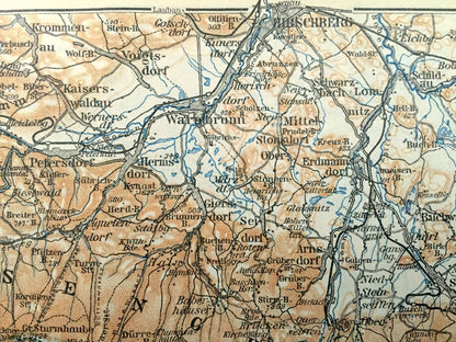Antique 1925 Schmiedenberg, Germany Map from Baedekers Guide Atlas –  Saxony, Petersdorf, Giersdorf, Seidorf, Arnsdorf, Buchwald, Stonsdorf