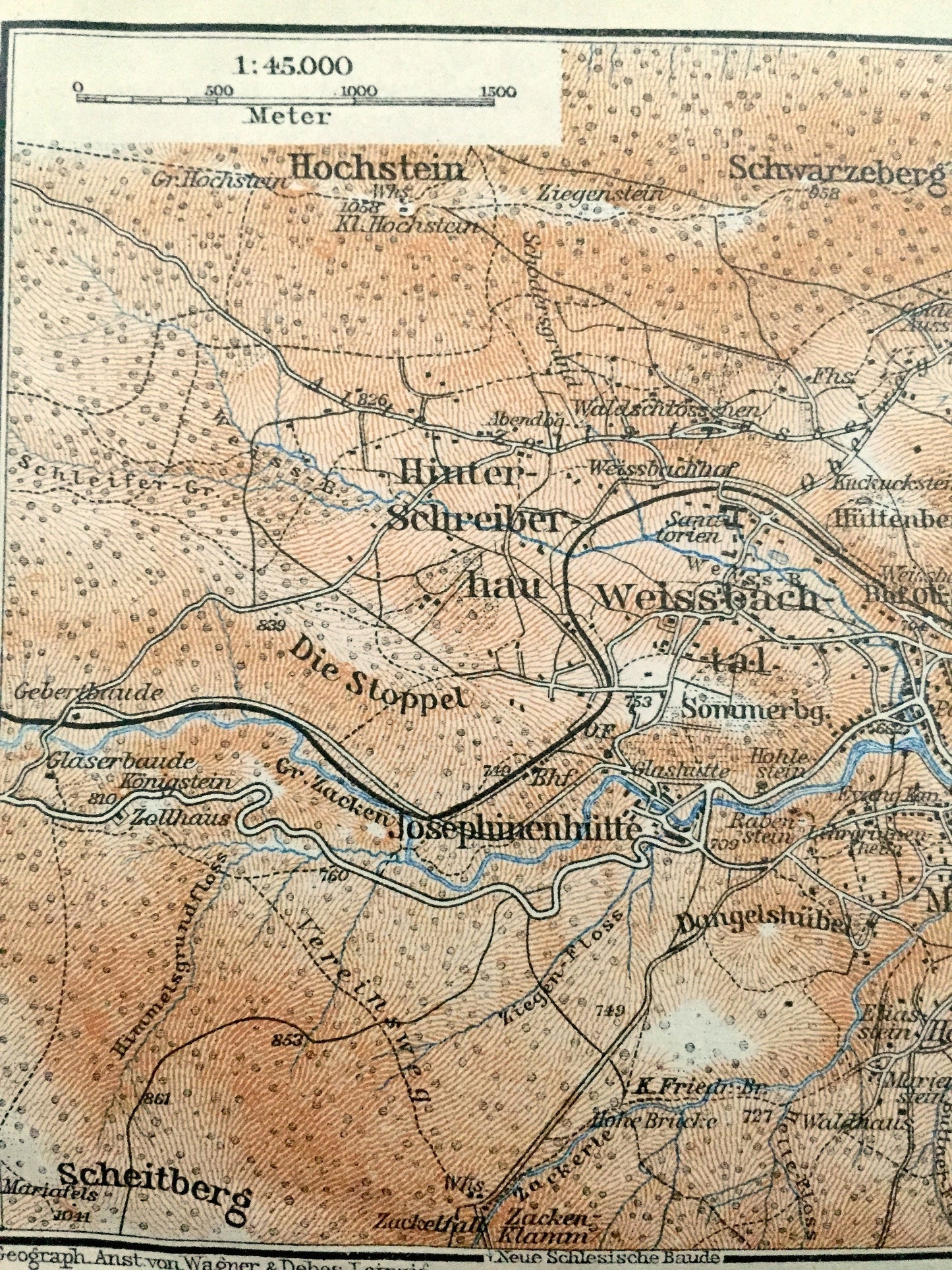 Antique 1925 Weissbachtal, Germany Map from Baedekers Guide Atlas – Hochstein, Scheitberg, Marienthal, Schreiberhau, Hinter-Schreiber