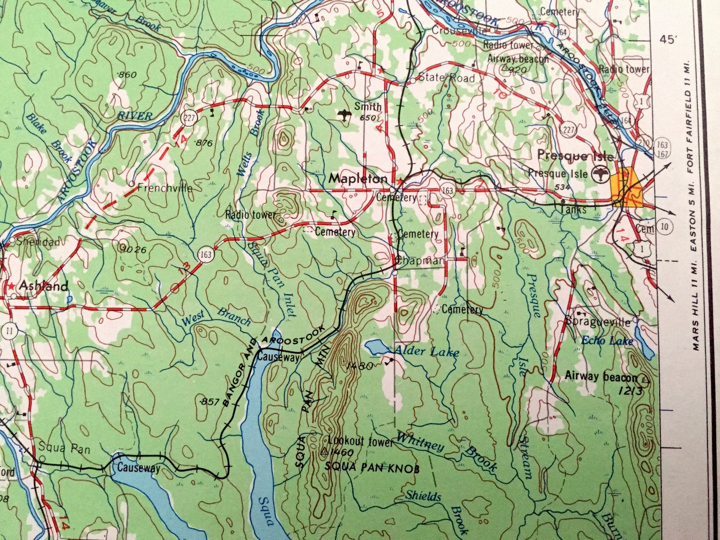 Antique Presque Isle, Maine 1954 US Geological Survey Topographic Map – Caribou, Washburn, Ashland, Oakfield, Mapleton, Island Falls, Quebec