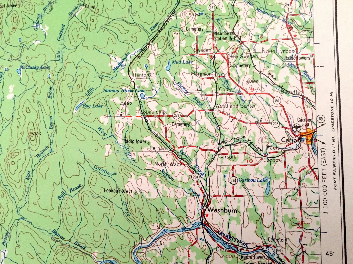 Antique Presque Isle, Maine 1954 US Geological Survey Topographic Map – Caribou, Washburn, Ashland, Oakfield, Mapleton, Island Falls, Quebec