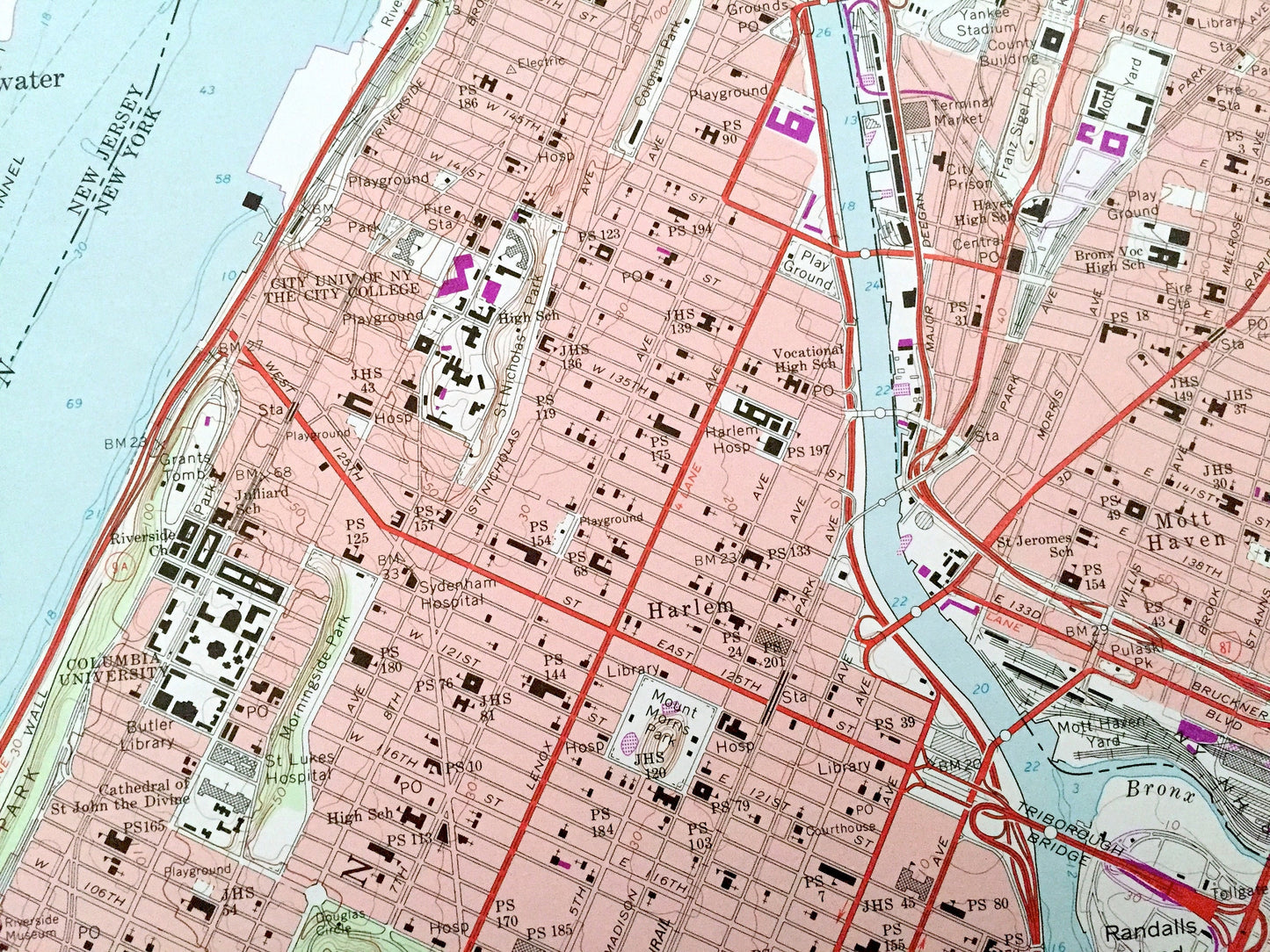 Antique Central Park, New York 1966 US Geological Survey Topographic Map – Bronx County, Washington Heights, NY, Bergen, Hudson County, NJ