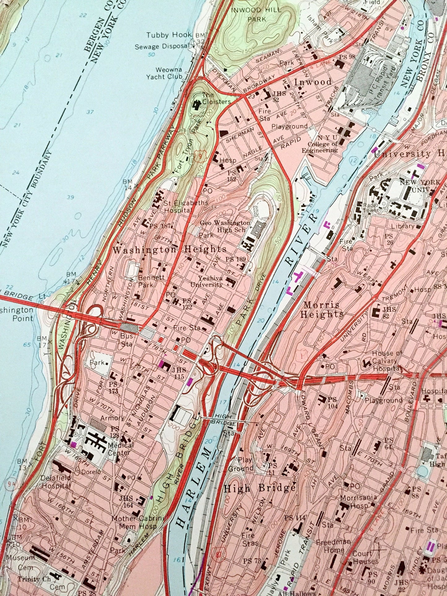 Antique Central Park, New York 1966 US Geological Survey Topographic Map – Bronx County, Washington Heights, NY, Bergen, Hudson County, NJ