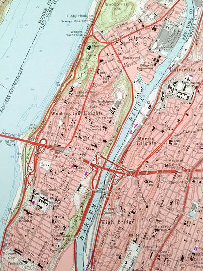 Antique Central Park, New York 1966 US Geological Survey Topographic Map – Bronx County, Washington Heights, NY, Bergen, Hudson County, NJ