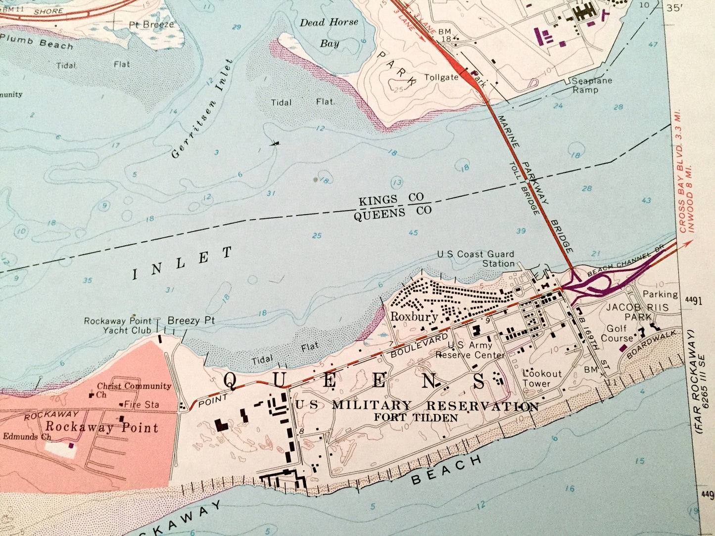 Antique Coney Island, New York 1966 US Geological Survey Topographic Map – Kings, Queens County, Brooklyn, Flatlands NY, Monmouth County, NJ