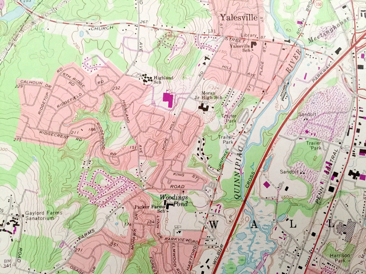 Antique Wallingford, Connecticut 1967 US Geological Survey Topographic Map – New Haven County, Yalesville, Cheshire, Meriden, North Haven CT