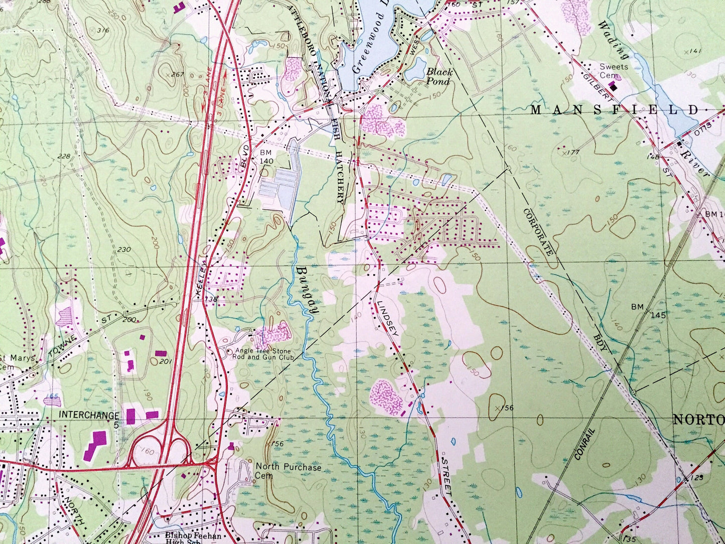 Antique Attleboro, Massachusetts 1964 US Geological Survey Topographic Map – Norfolk, Bristol County, MA, Providence County, Pawtucket, RI