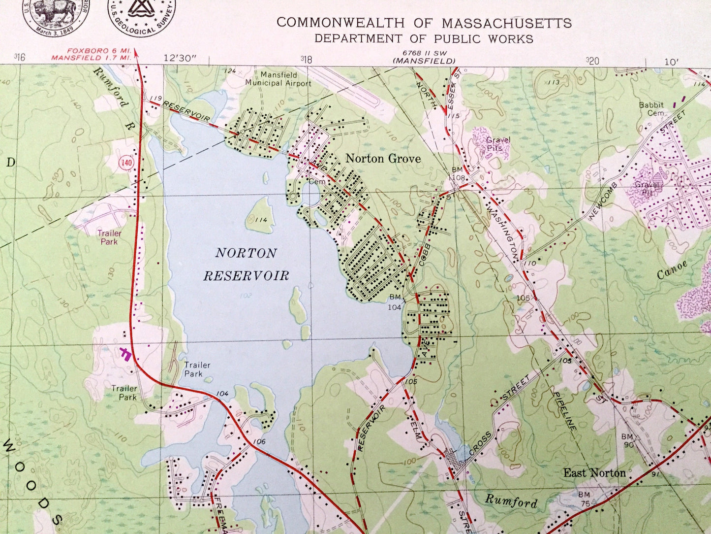 Antique Norton, Massachusetts 1964 US Geological Survey Topographic Map – Bristol County, Mansfield, Easton, Attleboro, Rehoboth, Taunton MA