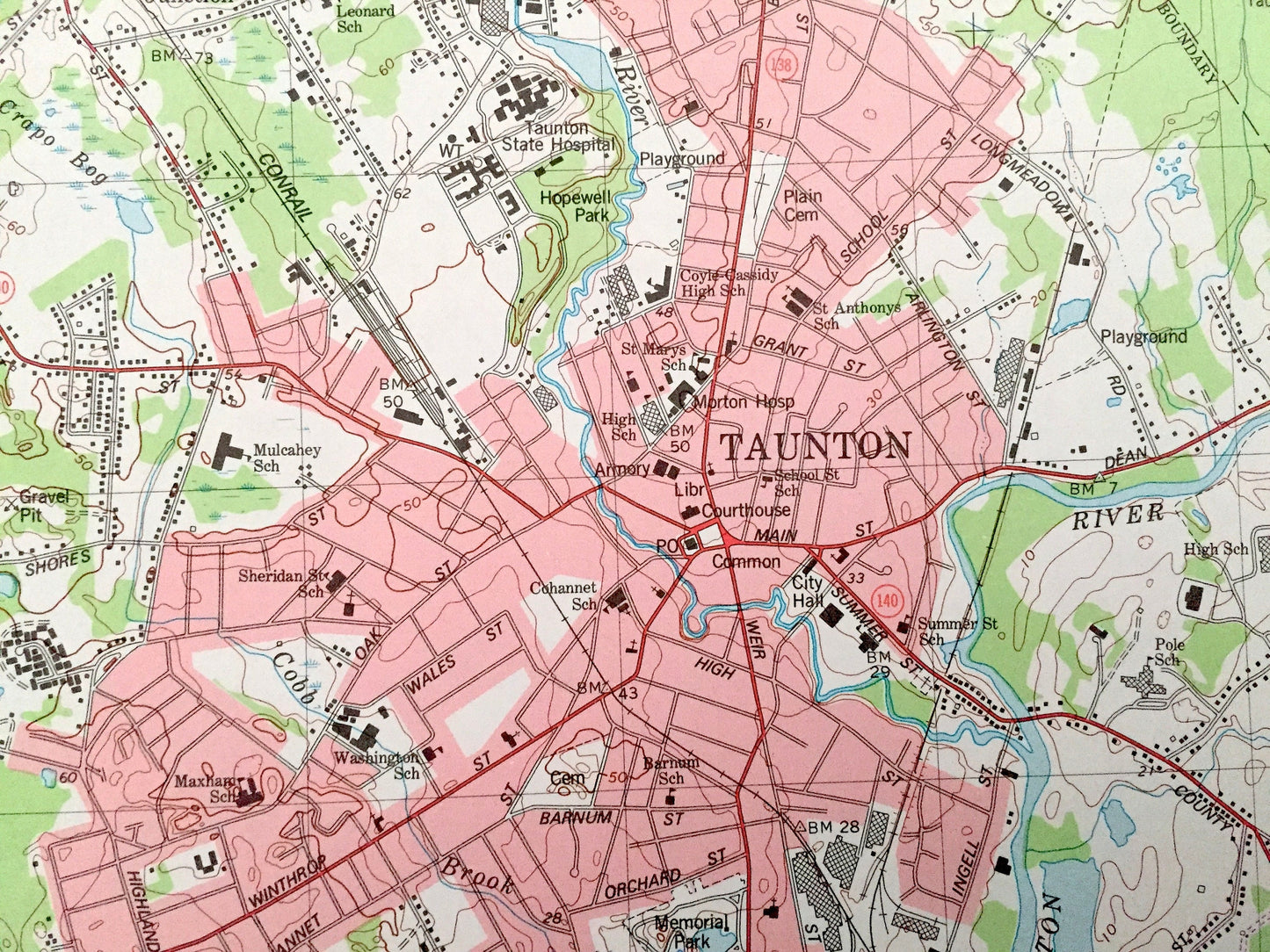 Antique Taunton, Massachusetts 1978 US Geological Survey Topographic Map – Plymouth, Bristol County, Norton, Easton, Bridgewater, Raynham MA