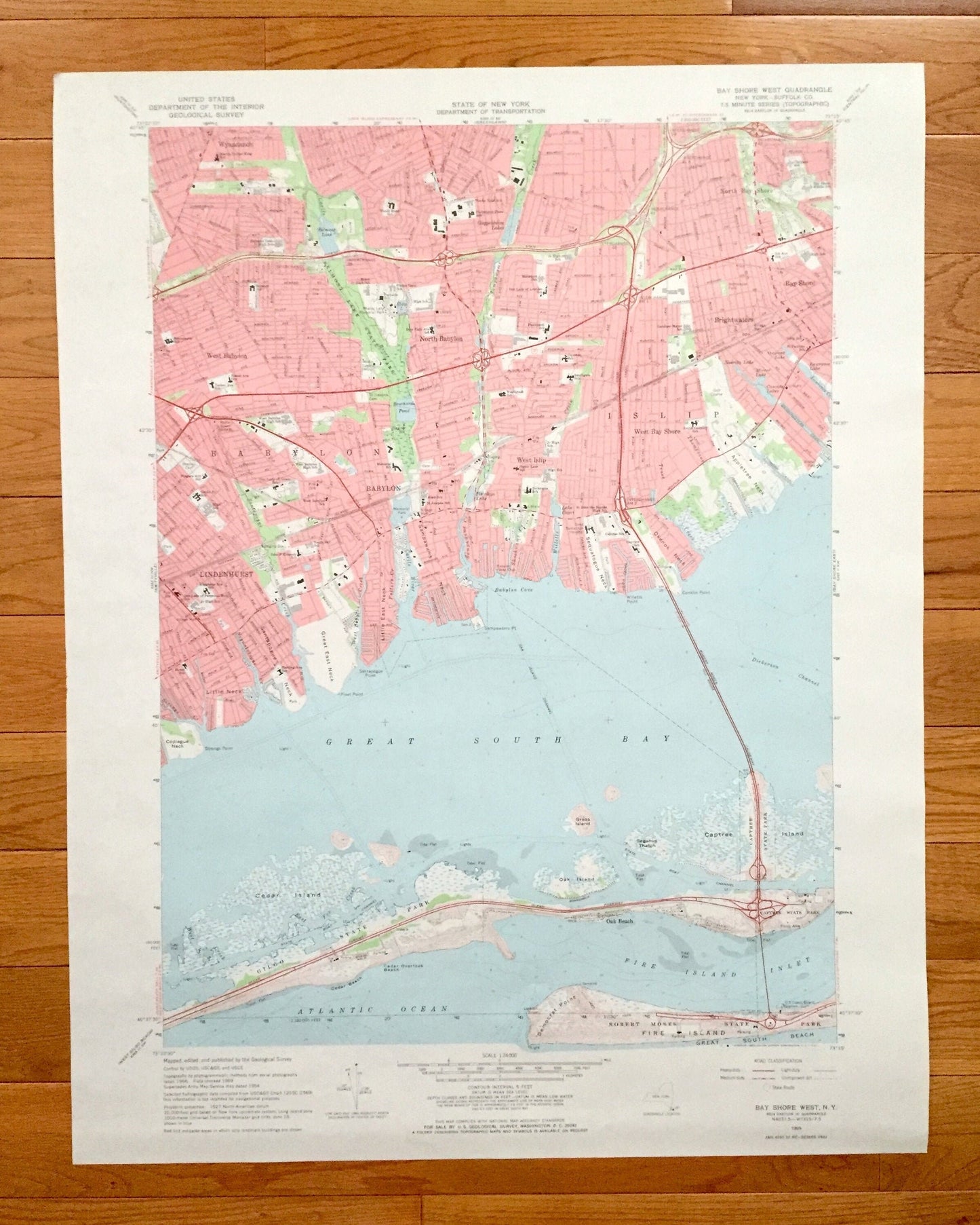 Antique Bay Shore West, New York 1969 US Geological Survey Topographic Map – Fire Island, Suffolk County, Long Island, Islip, Babylon, NY