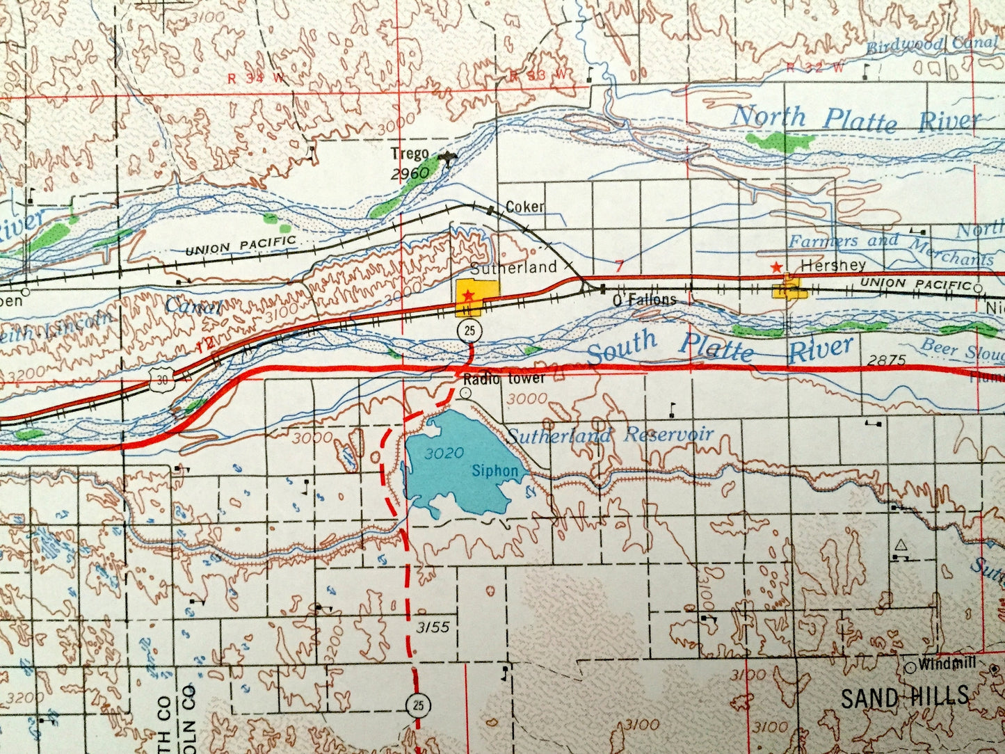 Antique North Platte, Nebraska 1954 US Geological Survey Topographic Map – Sutherland, Ogallala, Paxton, Hershey, Maxwell Brady Stapleton NE
