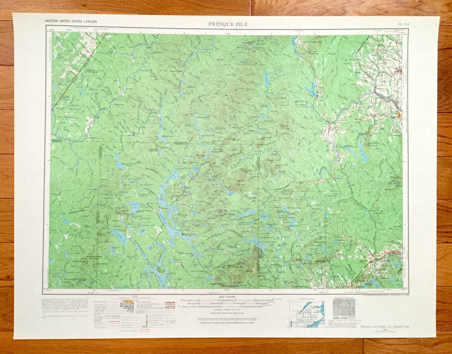 Antique Presque Isle, Maine 1954 US Geological Survey Topographic Map – Caribou, Washburn, Ashland, Oakfield, Mapleton, Island Falls, Quebec