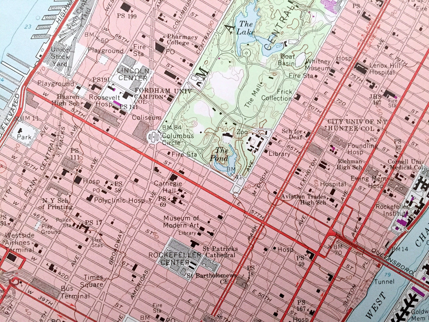 Antique Central Park, New York 1966 US Geological Survey Topographic Map – Bronx County, Washington Heights, NY, Bergen, Hudson County, NJ