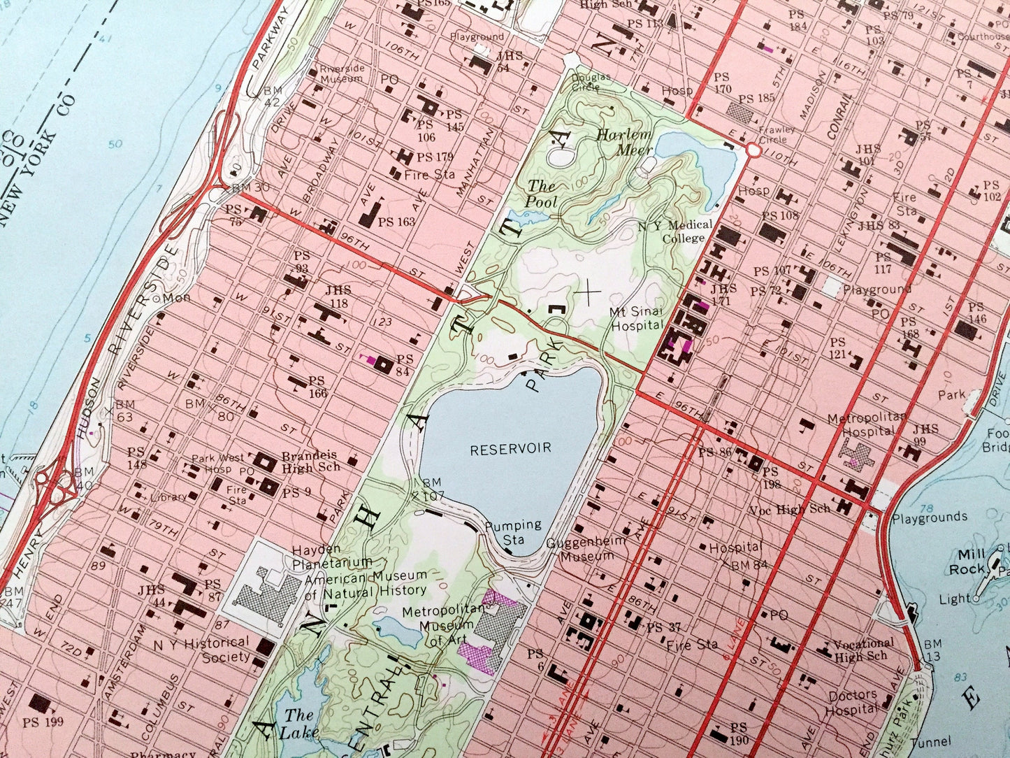 Antique Central Park, New York 1966 US Geological Survey Topographic Map – Bronx County, Washington Heights, NY, Bergen, Hudson County, NJ