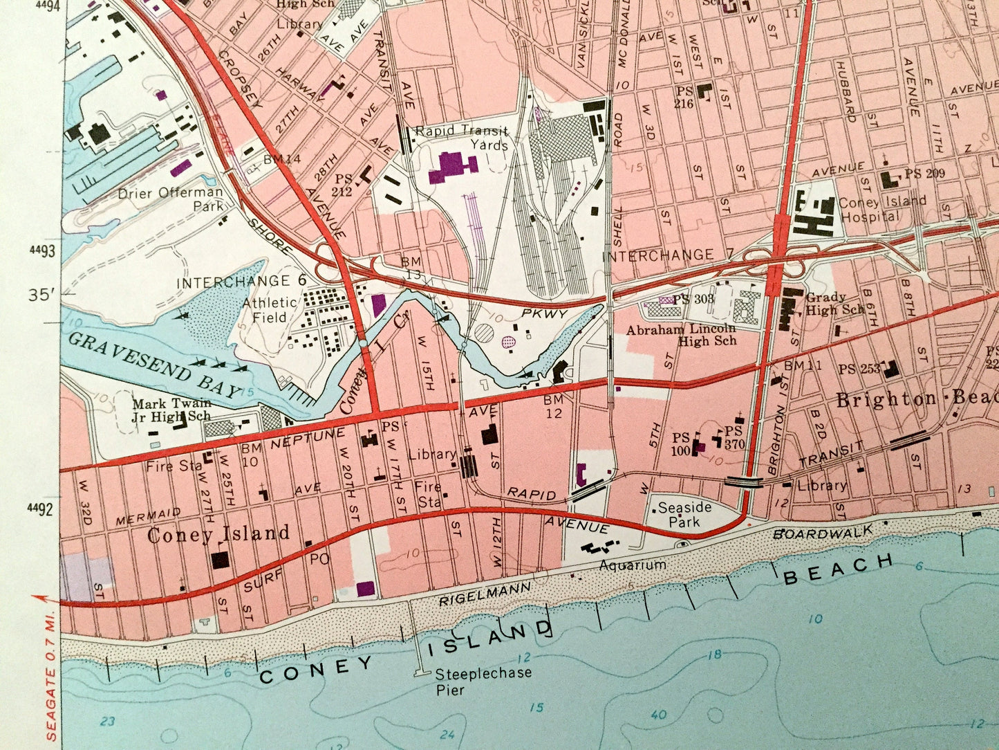 Antique Coney Island, New York 1966 US Geological Survey Topographic Map – Kings, Queens County, Brooklyn, Flatlands NY, Monmouth County, NJ