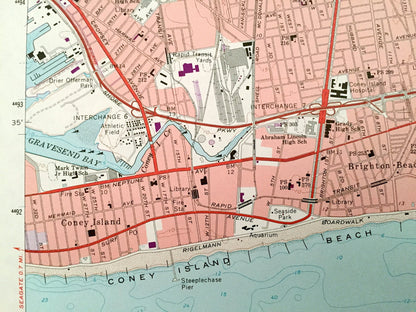 Antique Coney Island, New York 1966 US Geological Survey Topographic Map – Kings, Queens County, Brooklyn, Flatlands NY, Monmouth County, NJ