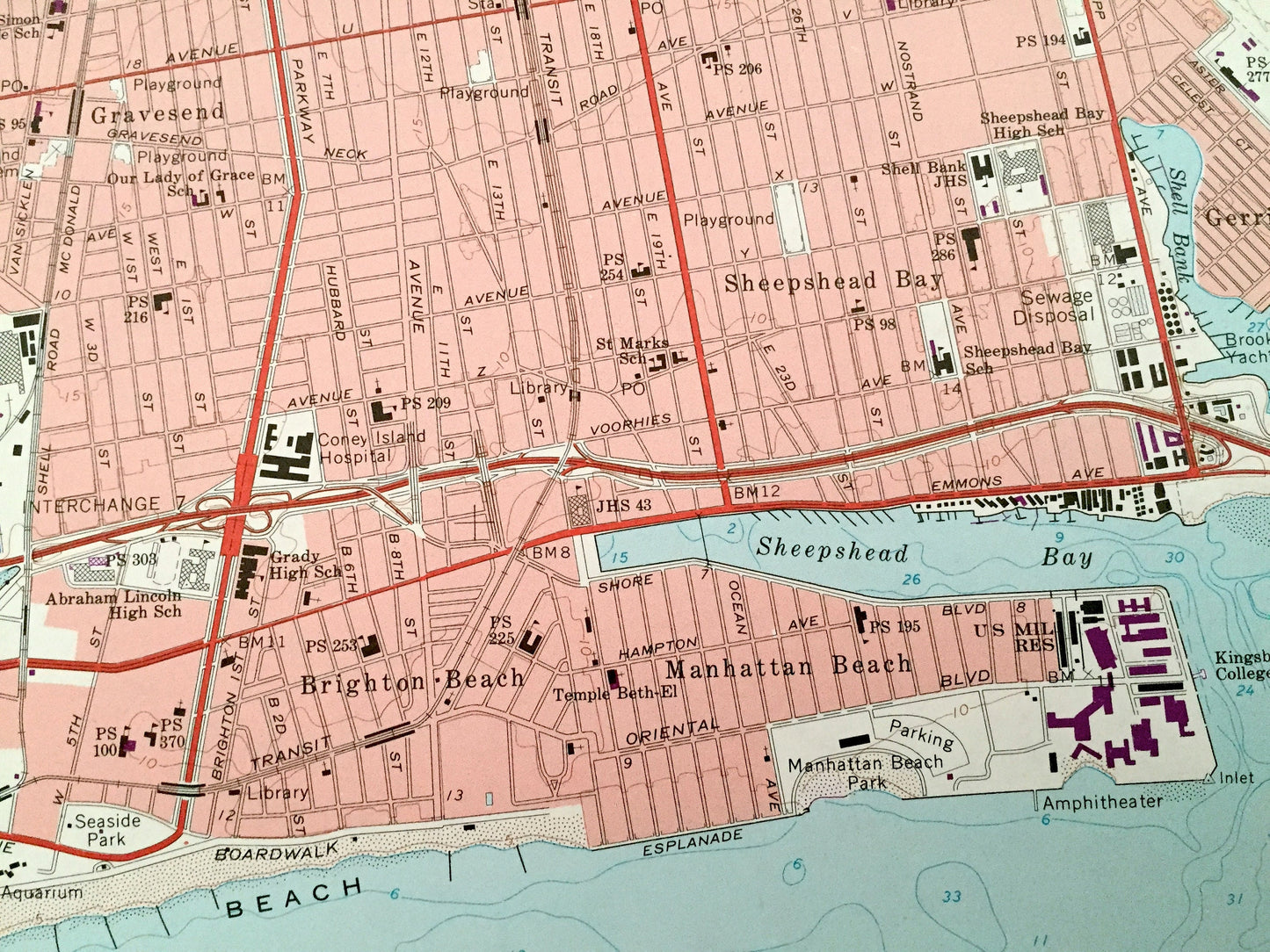 Antique Coney Island, New York 1966 US Geological Survey Topographic Map – Kings, Queens County, Brooklyn, Flatlands NY, Monmouth County, NJ