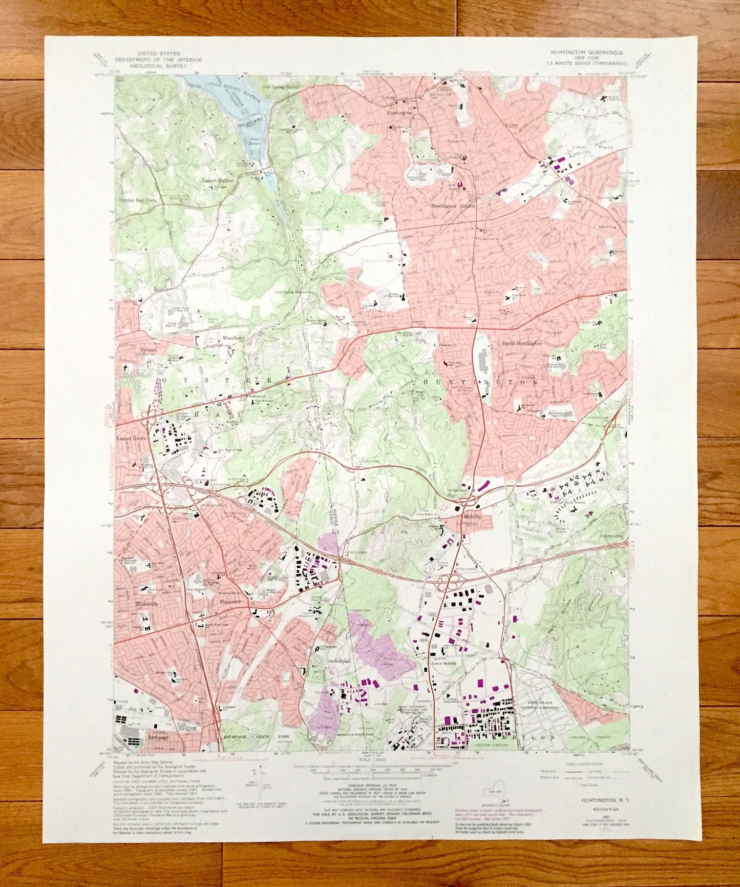 Antique Huntington, New York 1967 US Geological Survey Topographic Map – Suffolk, Nassau County, Oyster Bay, Laurel Hollow, Hicksville, NY