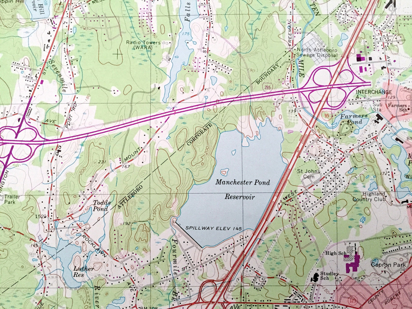 Antique Attleboro, Massachusetts 1964 US Geological Survey Topographic Map – Norfolk, Bristol County, MA, Providence County, Pawtucket, RI