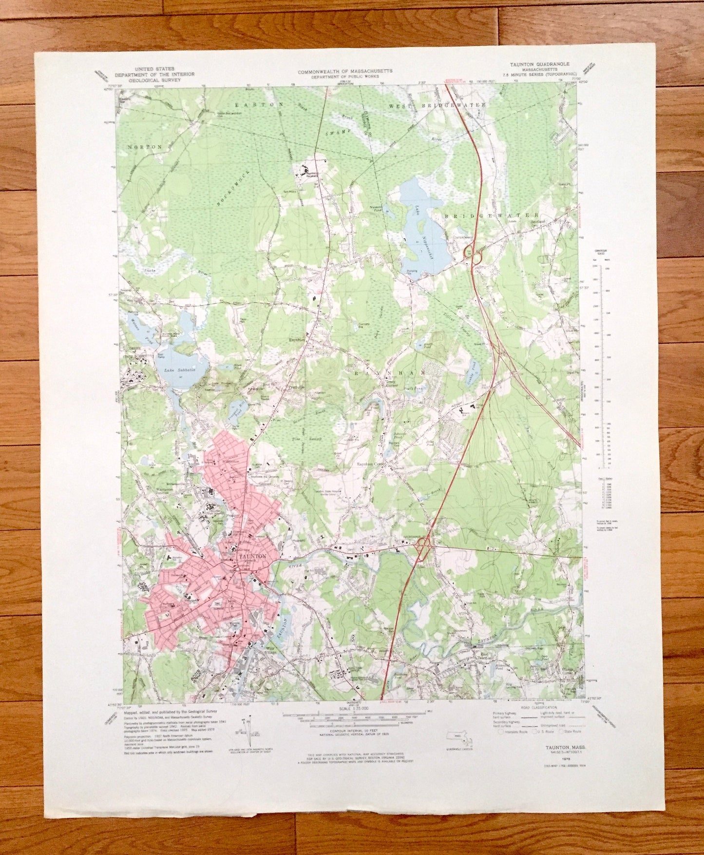 Antique Taunton, Massachusetts 1978 US Geological Survey Topographic Map – Plymouth, Bristol County, Norton, Easton, Bridgewater, Raynham MA