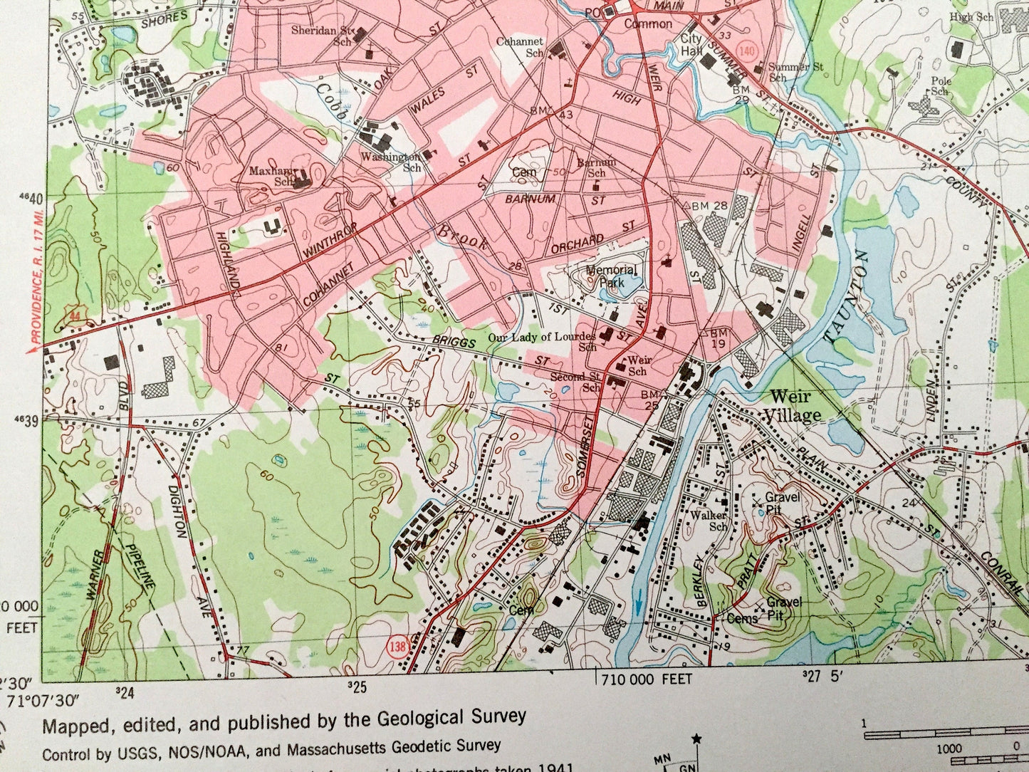 Antique Taunton, Massachusetts 1978 US Geological Survey Topographic Map – Plymouth, Bristol County, Norton, Easton, Bridgewater, Raynham MA