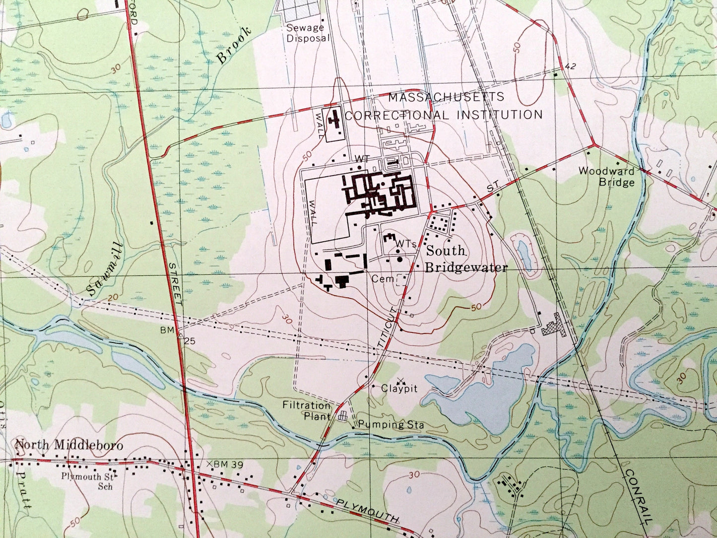 Antique Bridgewater, Massachusetts 1977 US Geological Survey Topographic Map – Plymouth, Bristol County, Halifax, Middleborough, Taunton, MA
