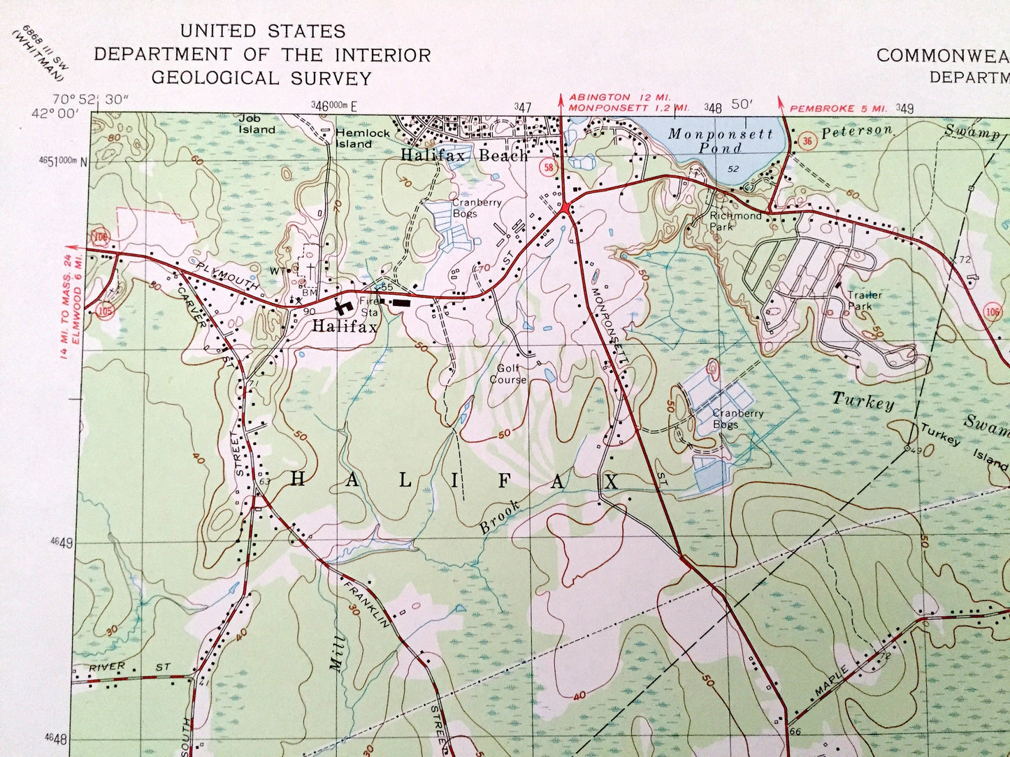 Antique Plympton, Massachusetts 1977 US Geological Survey Topographic Map – Plymouth County, Halifax, Kingston, Middleborough, Carver, MA