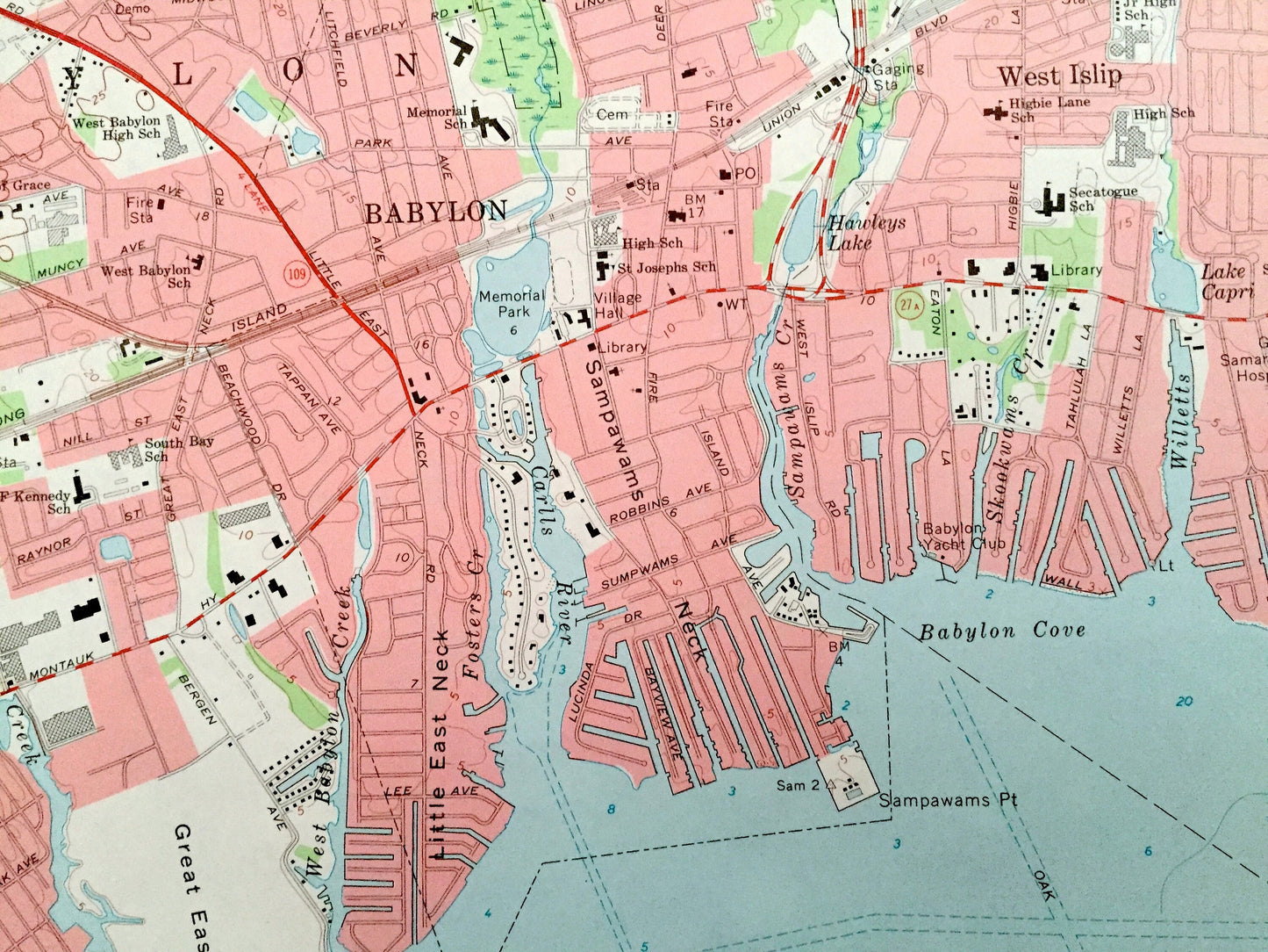 Antique Bay Shore West, New York 1969 US Geological Survey Topographic Map – Fire Island, Suffolk County, Long Island, Islip, Babylon, NY