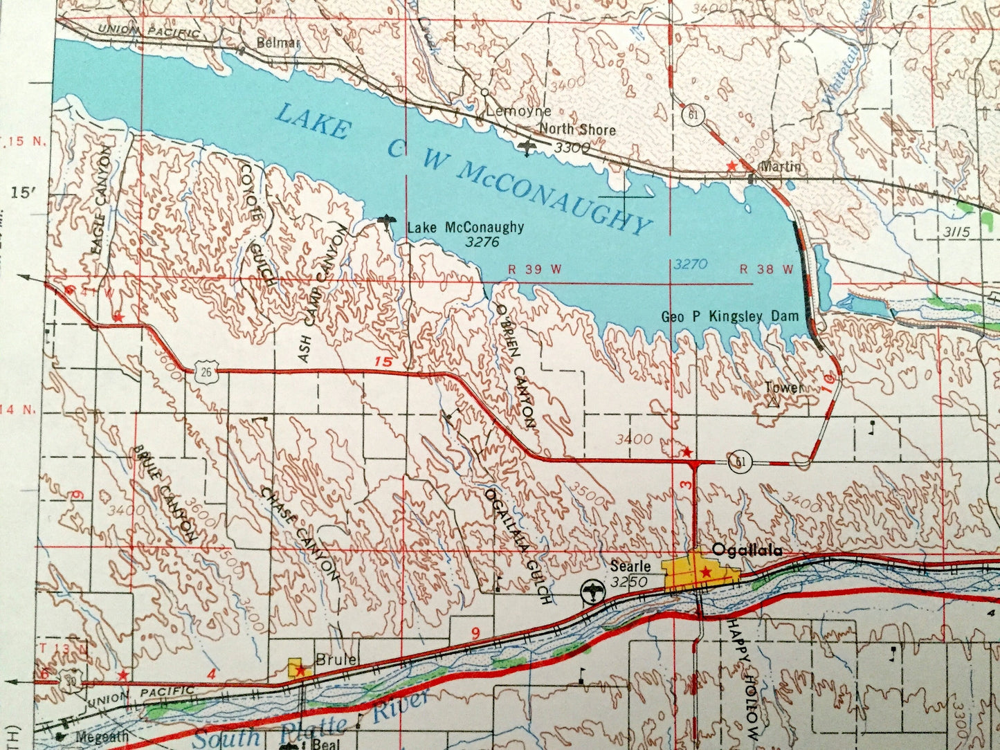 Antique North Platte, Nebraska 1954 US Geological Survey Topographic Map – Sutherland, Ogallala, Paxton, Hershey, Maxwell Brady Stapleton NE
