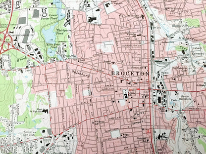 Antique Brockton, Massachusetts 1975 US Geological Survey Topographic Map – Plymouth, Bristol, Norfolk County, Stoughton, Easton, Avon, MA