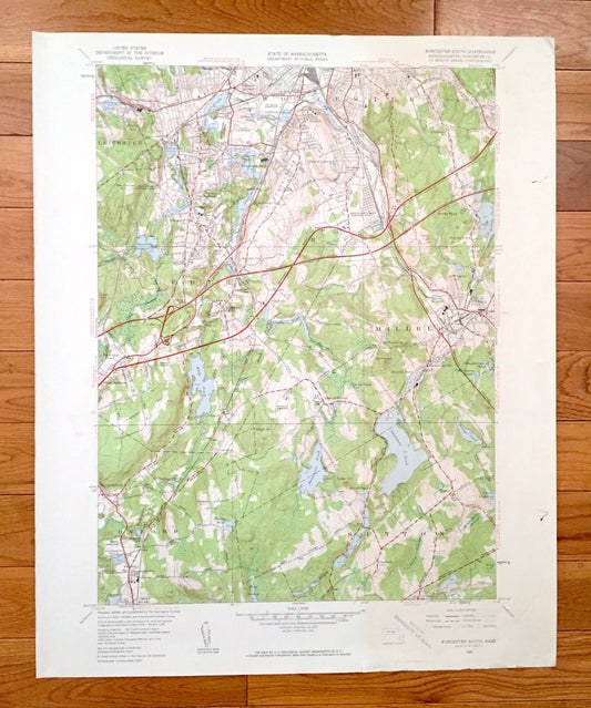 Antique Worcester South, Massachusetts 1948 US Geological Survey Topographic Map – Leichester, Auburn, Millbury, Oxford, Jamesville, MA