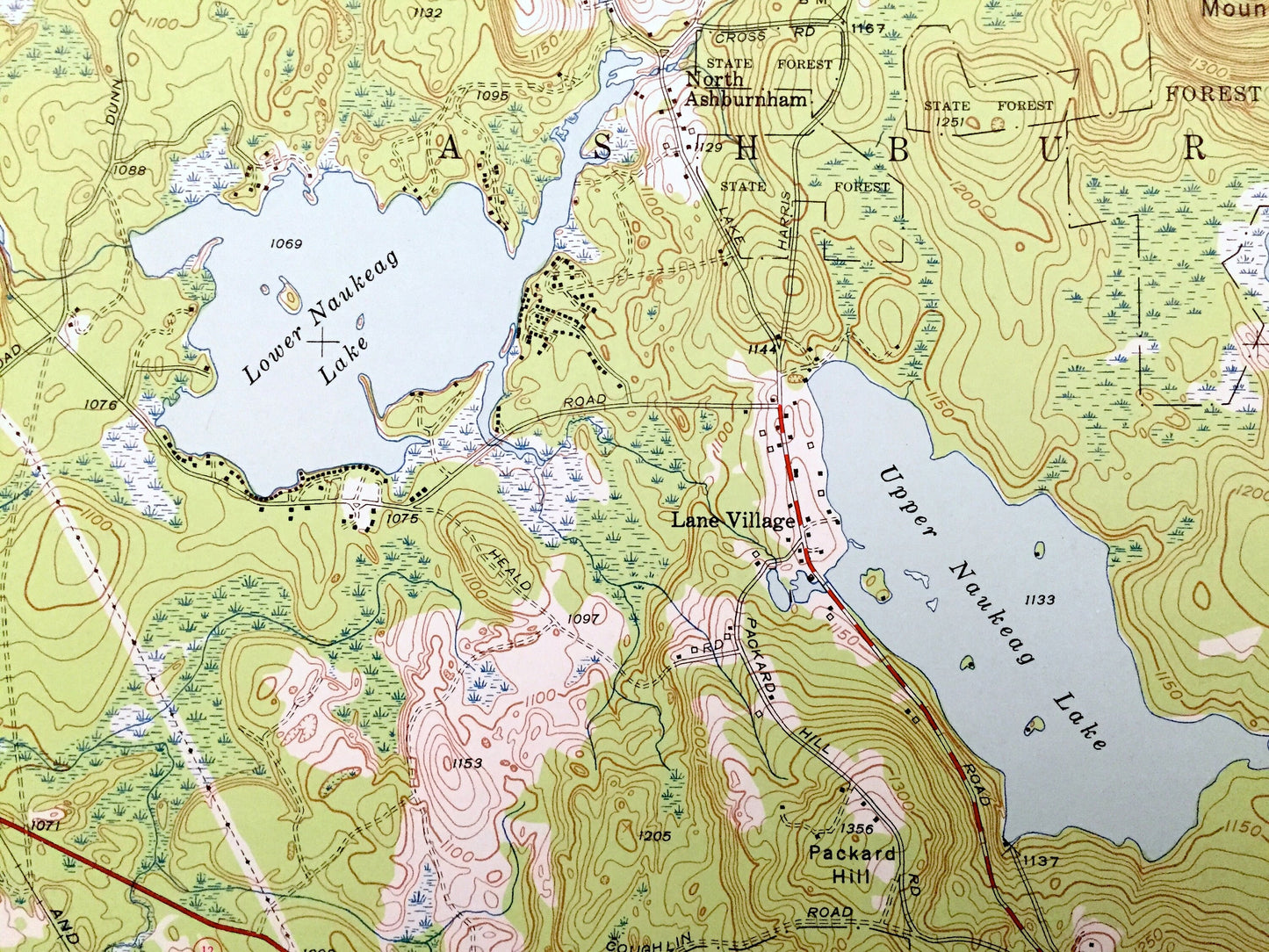 Antique Ashburnham, Massachusetts 1950 US Geological Survey Topographic Map – Middlesex, Worcester County, MA, Hillsboro, Cheshire County NH
