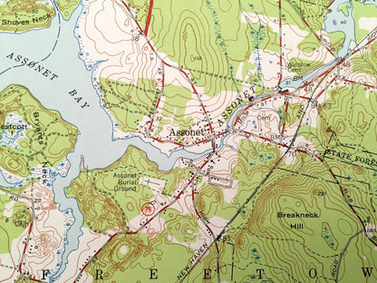 Antique Assonet, Massachusetts 1951 US Geological Survey Topographic Map – Bristol, Plymouth County, Berkley, Taunton, Lakeville, Dighton MA